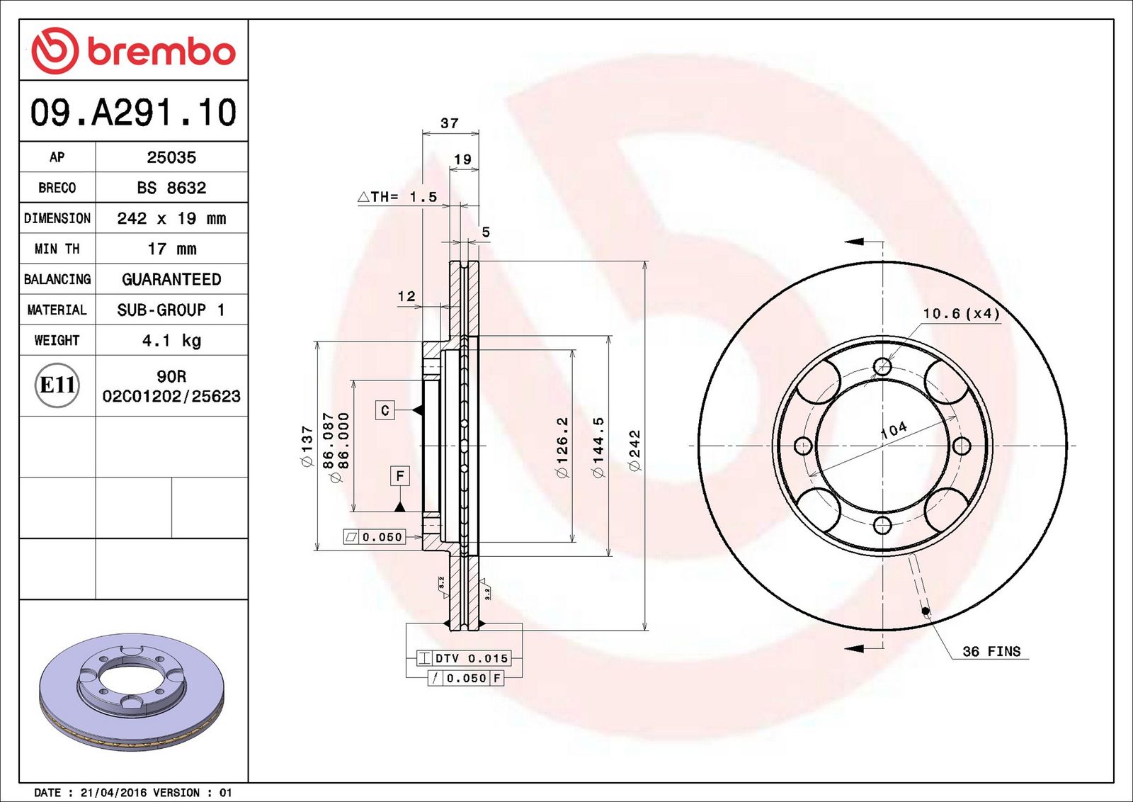 BREMBO 09.A291.10 - Bremsscheibe