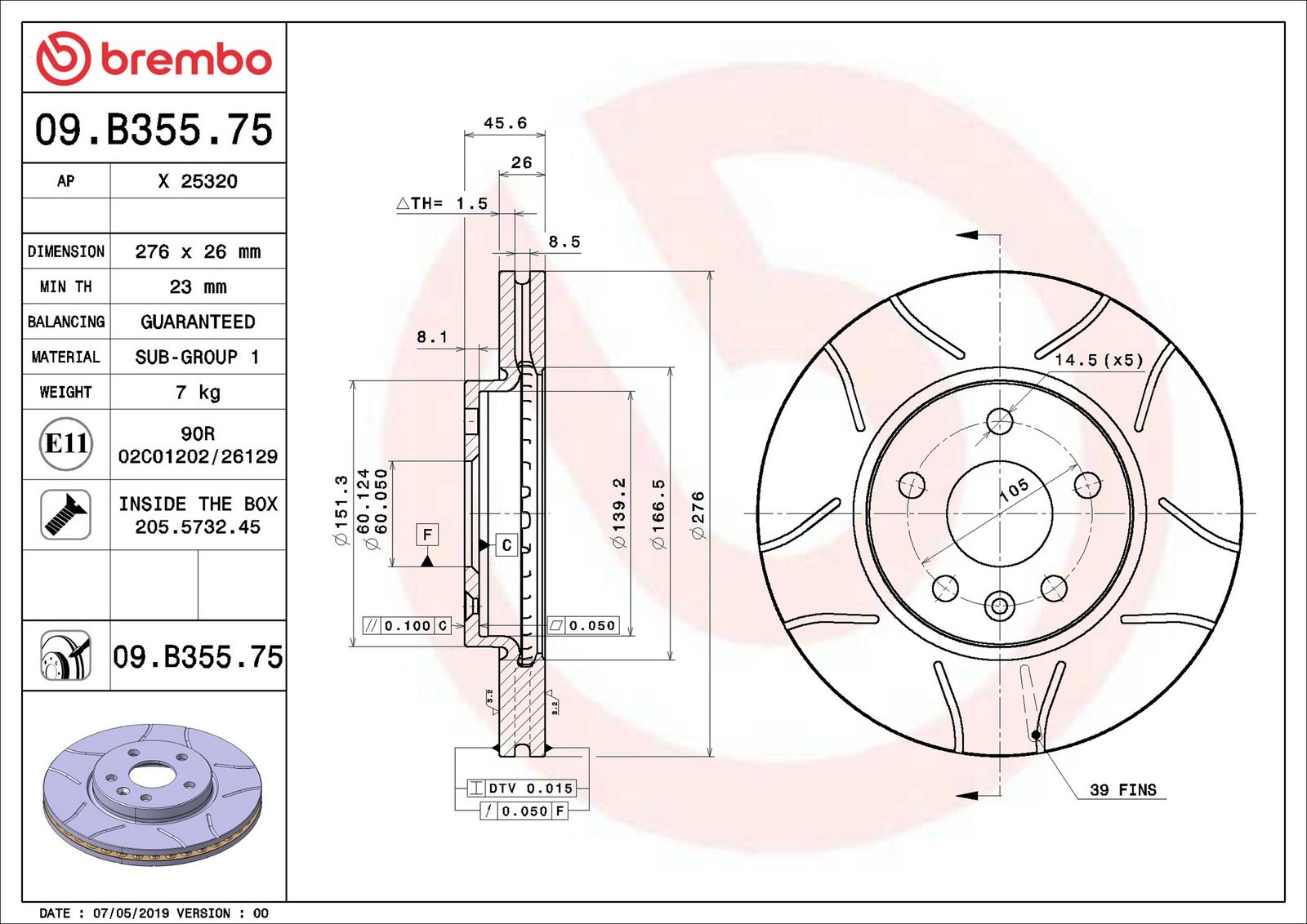 BREMBO 09.B355.75 - Bremsscheibe
