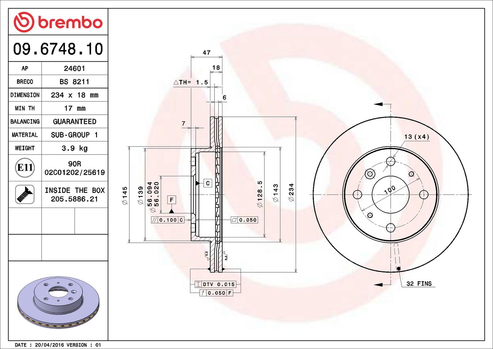 BREMBO 09.6748.10 - Bremsscheibe