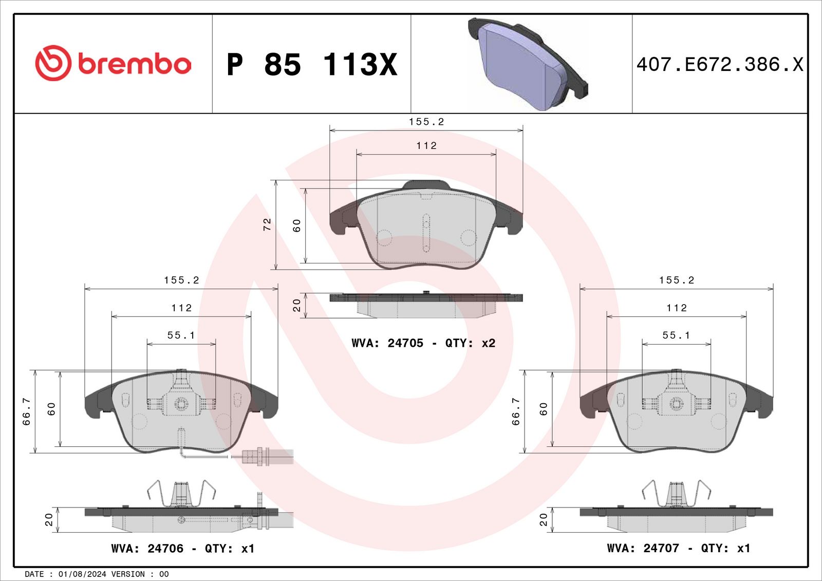 BREMBO P 85 113X - Bremsbelagsatz, Scheibenbremse
