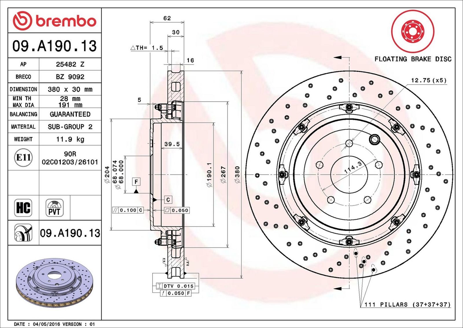 BREMBO 09.A190.13 - Bremsscheibe