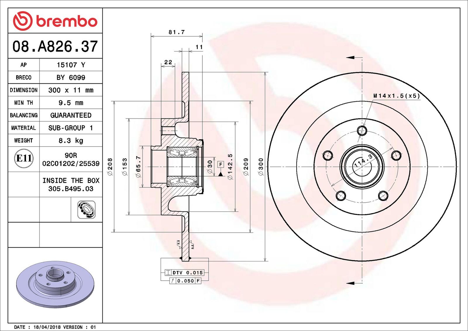 BREMBO 08.A826.37 - Bremsscheibe