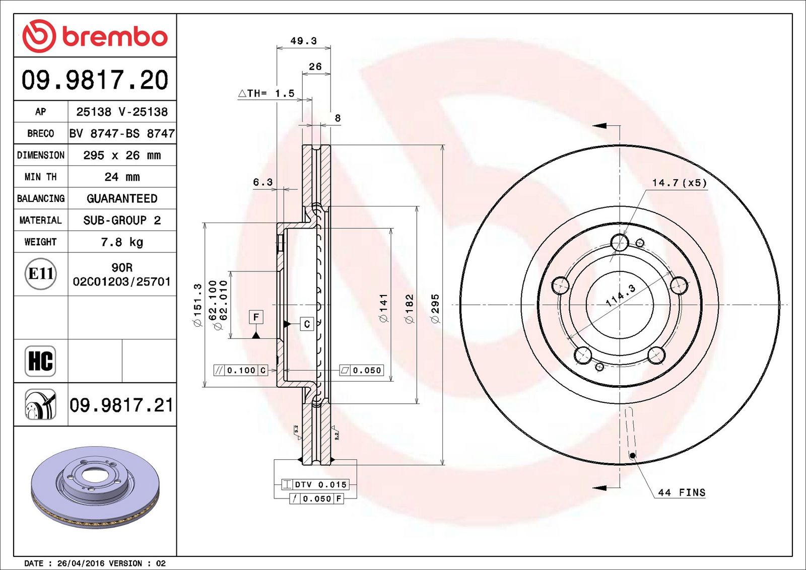 BREMBO 09.9817.21 - Bremsscheibe