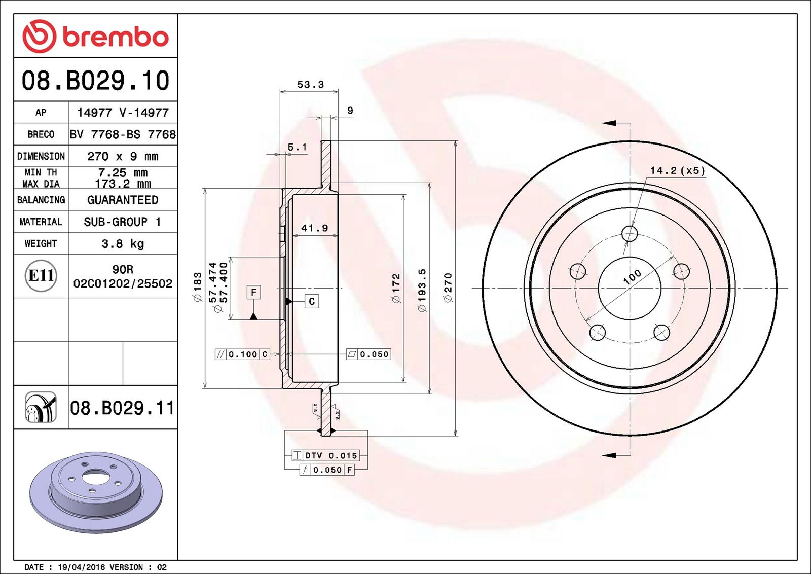 BREMBO 08.B029.10 - Bremsscheibe