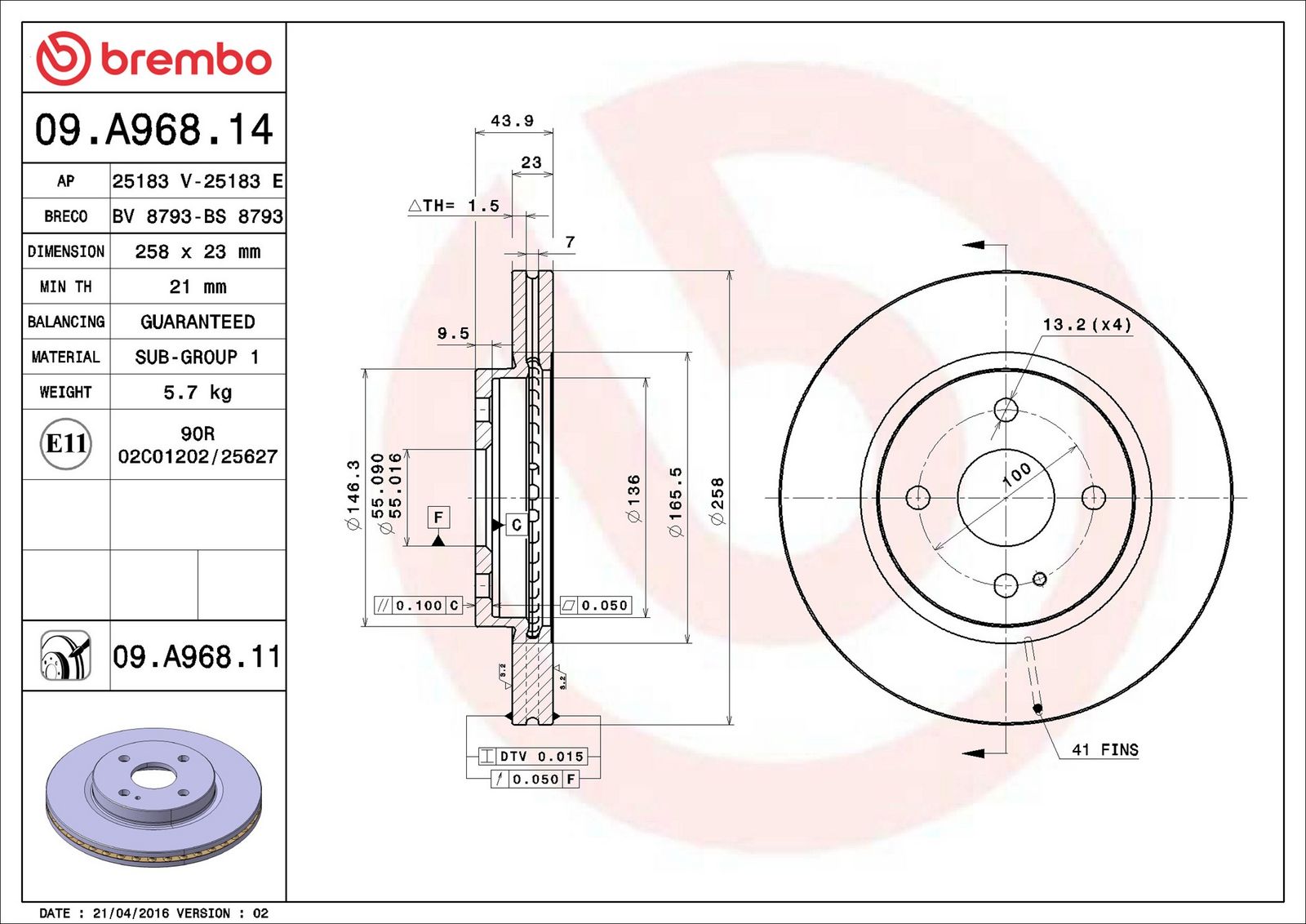 BREMBO 09.A968.11 - Bremsscheibe