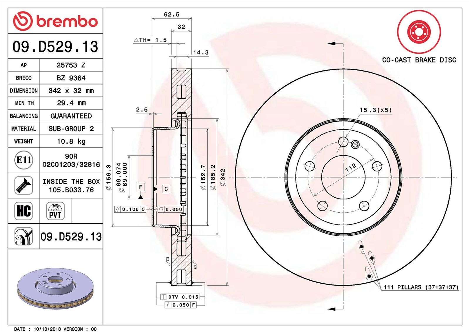 BREMBO 09.D529.13 - Bremsscheibe