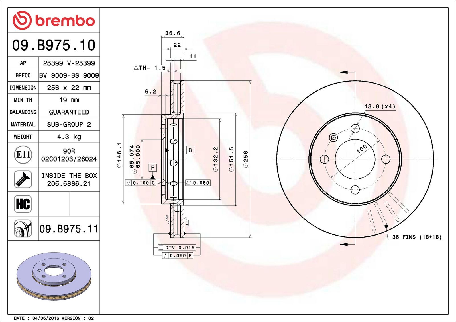 BREMBO 09.B975.11 - Bremsscheibe
