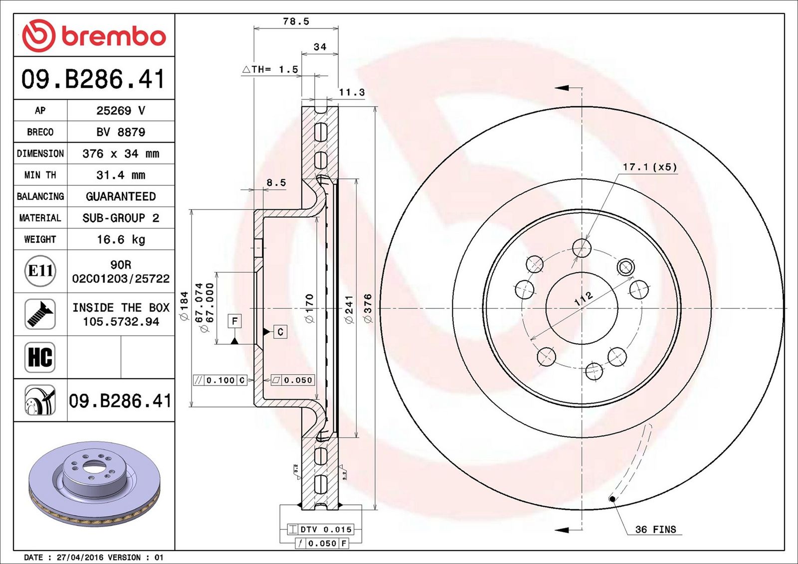 BREMBO 09.B286.41 - Bremsscheibe