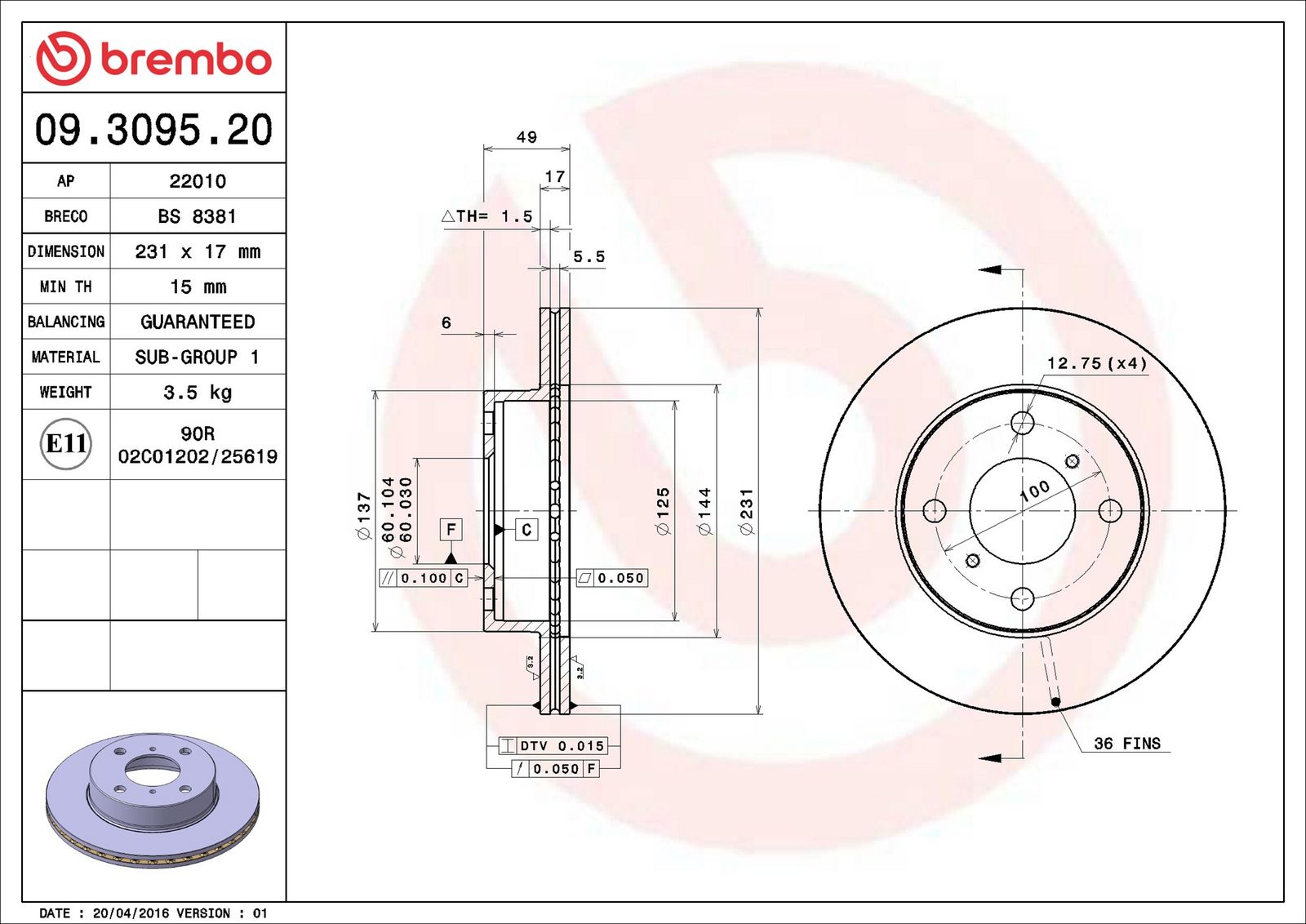 BREMBO 09.3095.20 - Bremsscheibe
