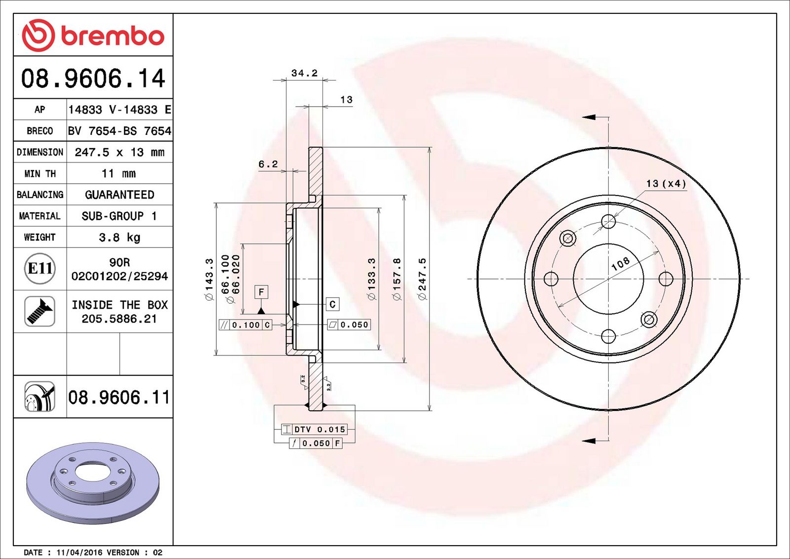BREMBO 08.9606.11 - Bremsscheibe