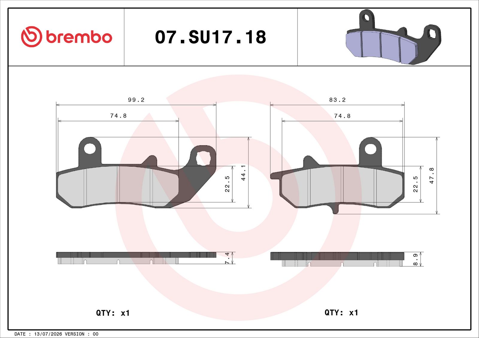 BREMBO 07SU1718 - Bremsbelagsatz, Scheibenbremse
