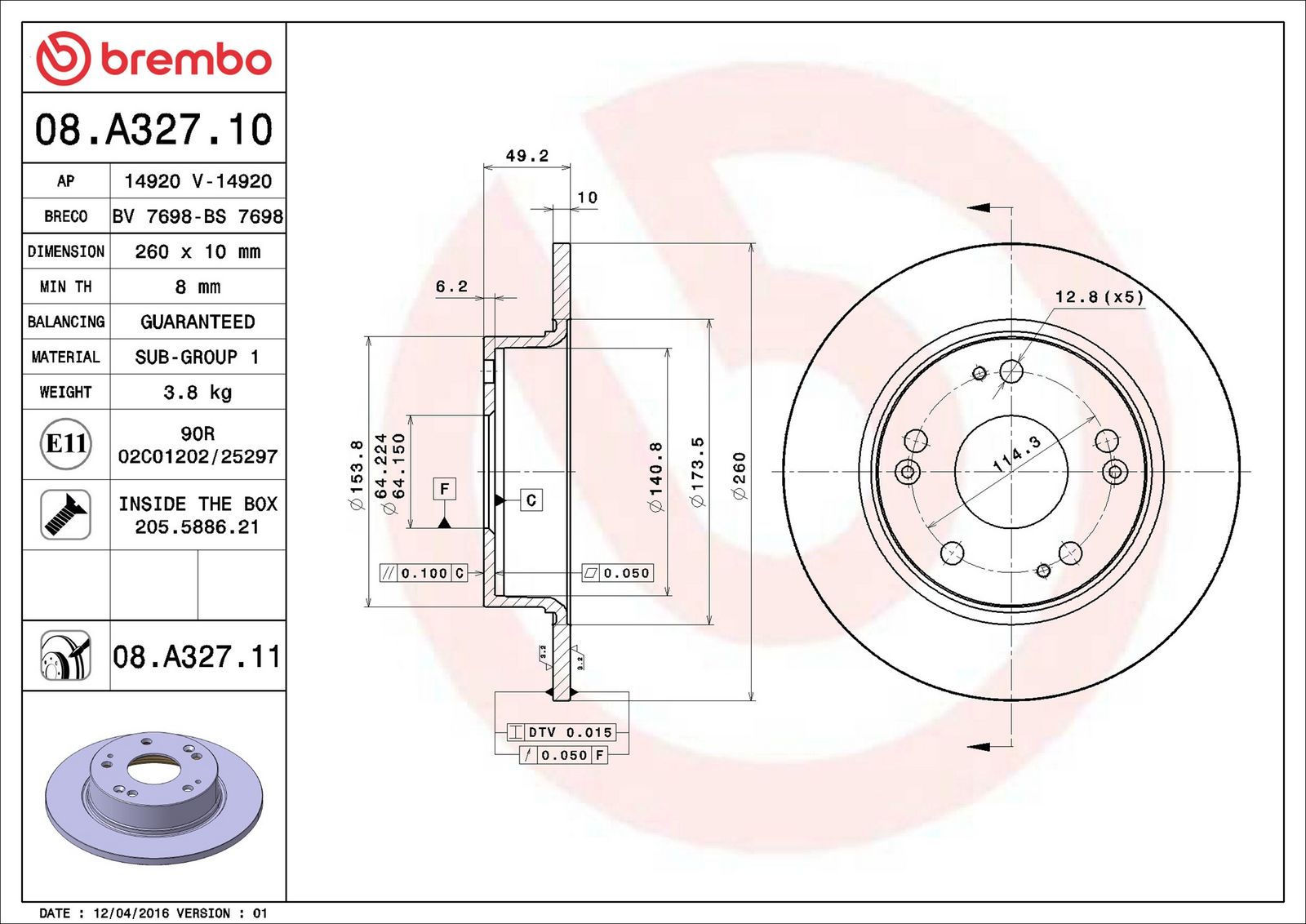 BREMBO 08.A327.11 - Bremsscheibe