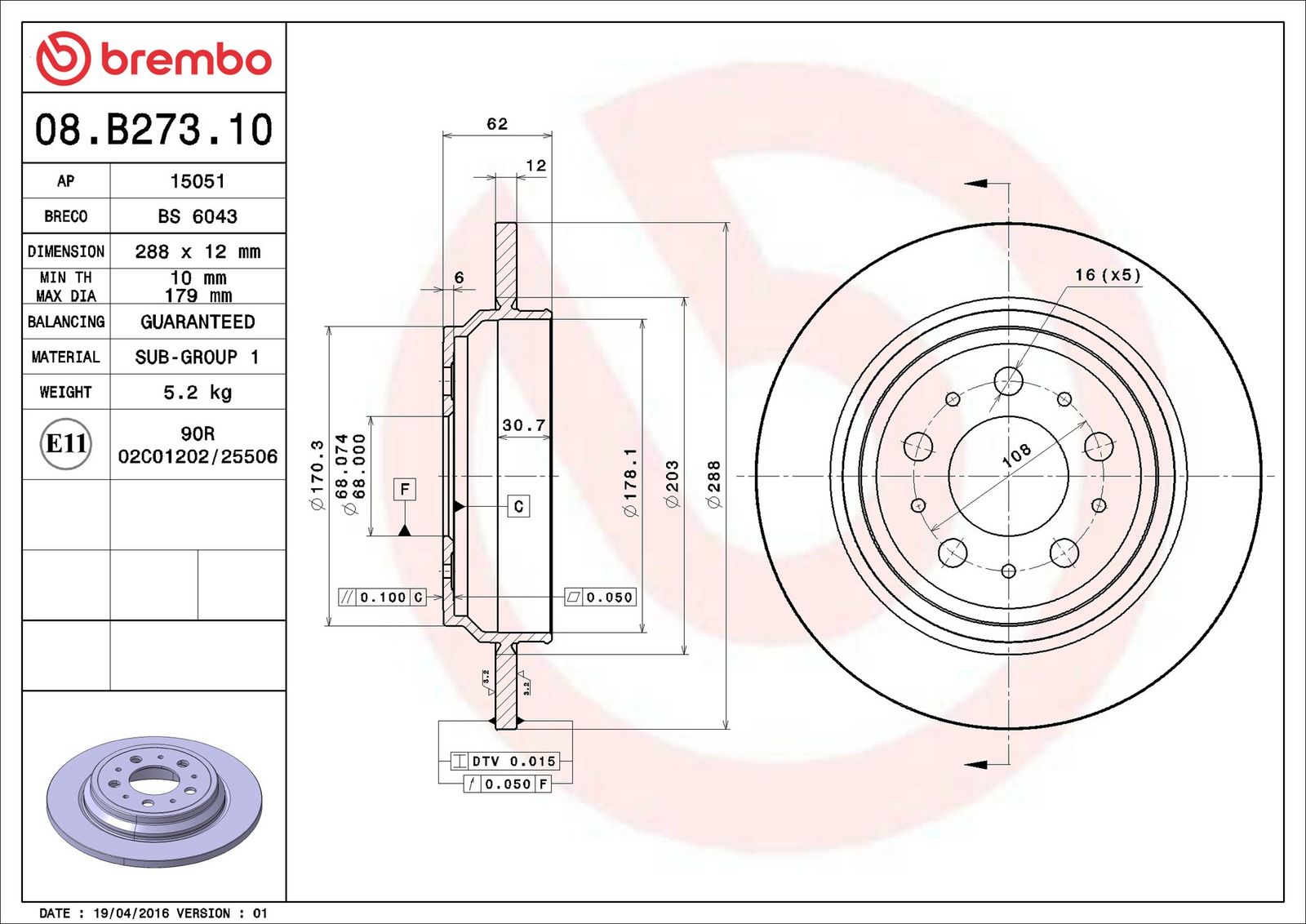 BREMBO 08.B273.10 - Bremsscheibe