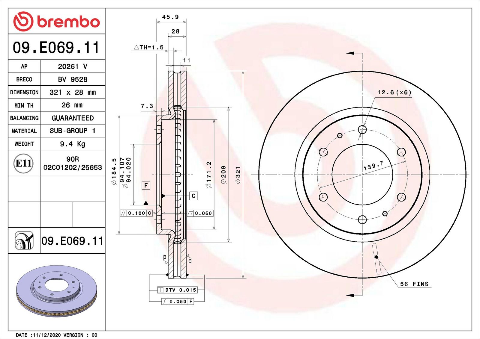 BREMBO 09.E069.11 - Bremsscheibe