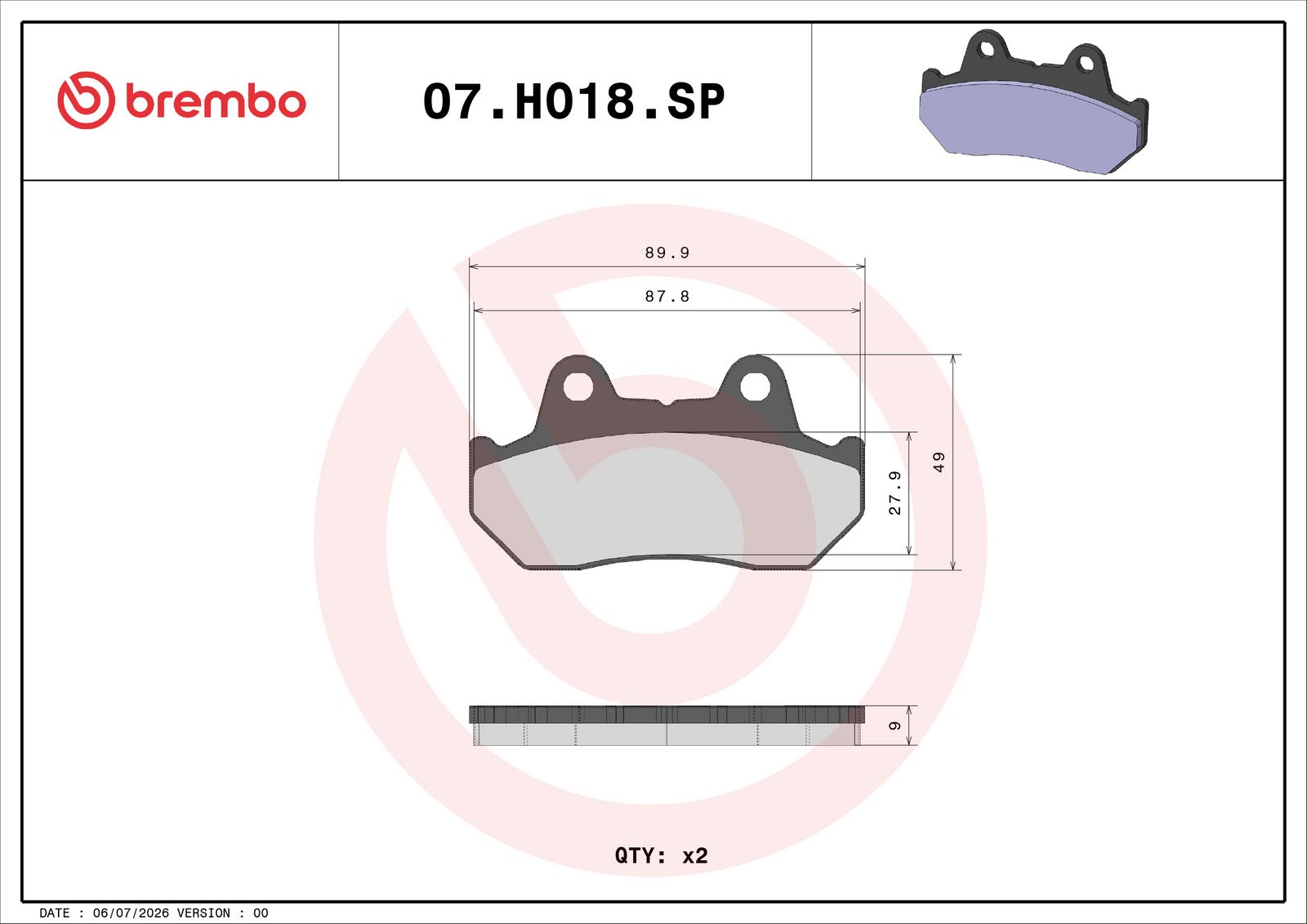 BREMBO 07HO18SP - Bremsbelagsatz, Scheibenbremse