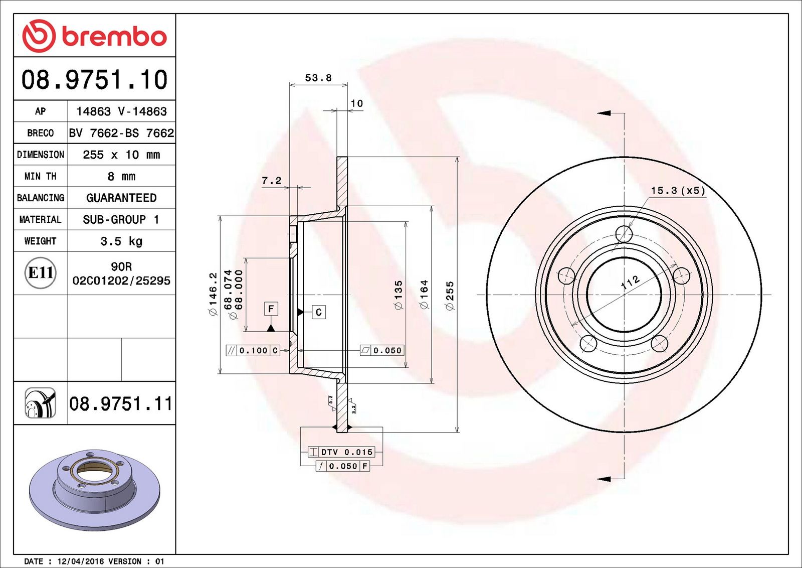 BREMBO 08.9751.11 - Bremsscheibe