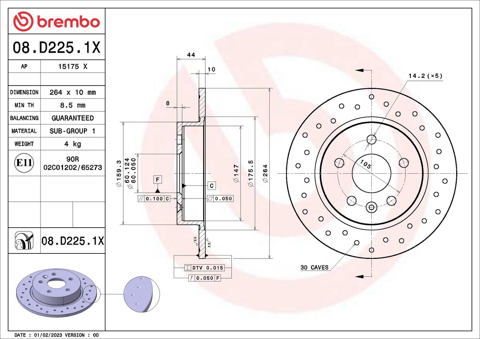 BREMBO 08.D225.1X - Bremsscheibe