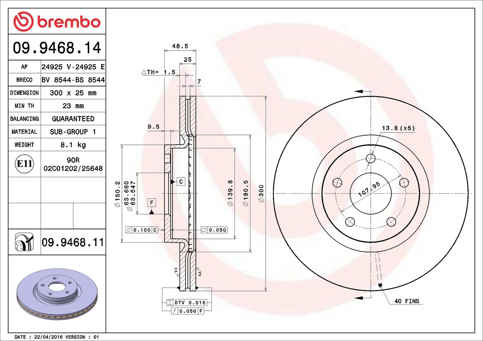 BREMBO 09.9468.11 - Bremsscheibe