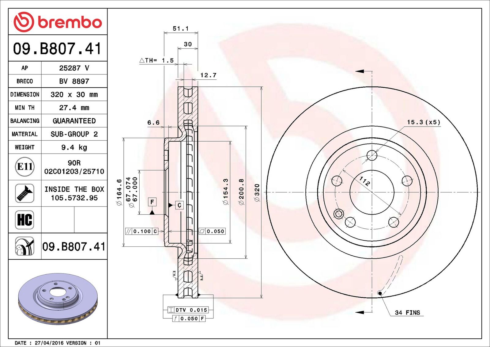 BREMBO 09.B807.41 - Bremsscheibe
