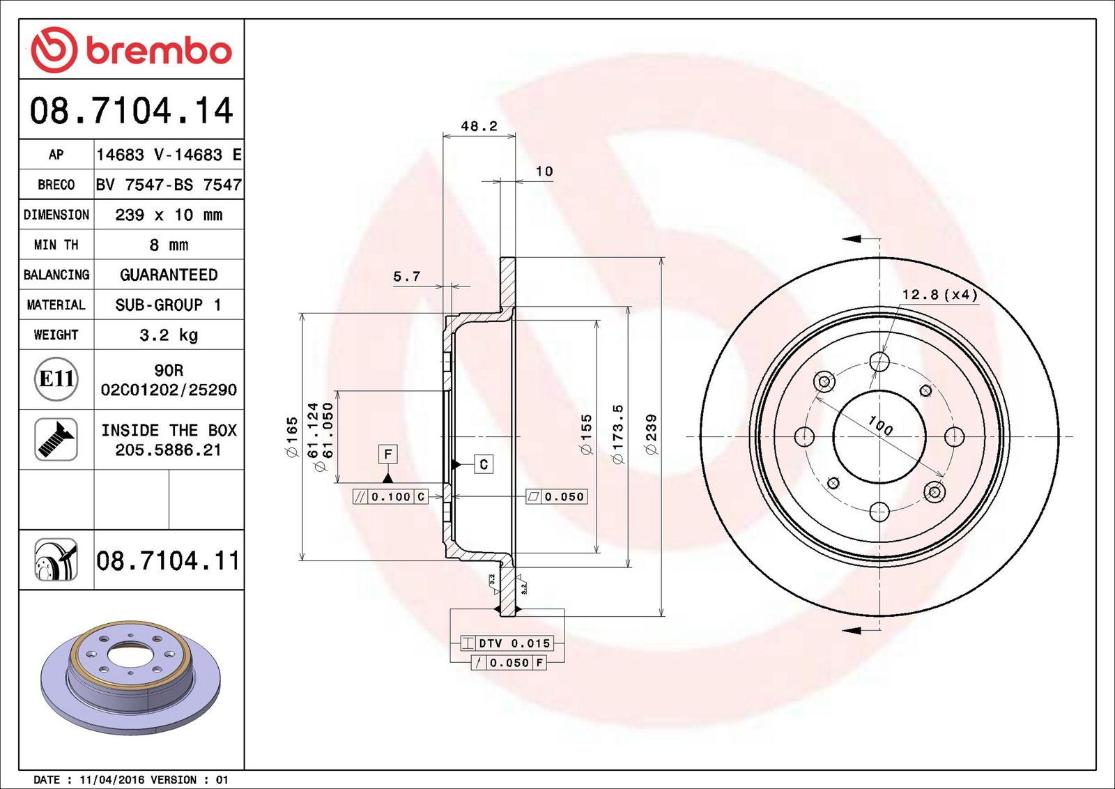 BREMBO 08.7104.14 - Bremsscheibe