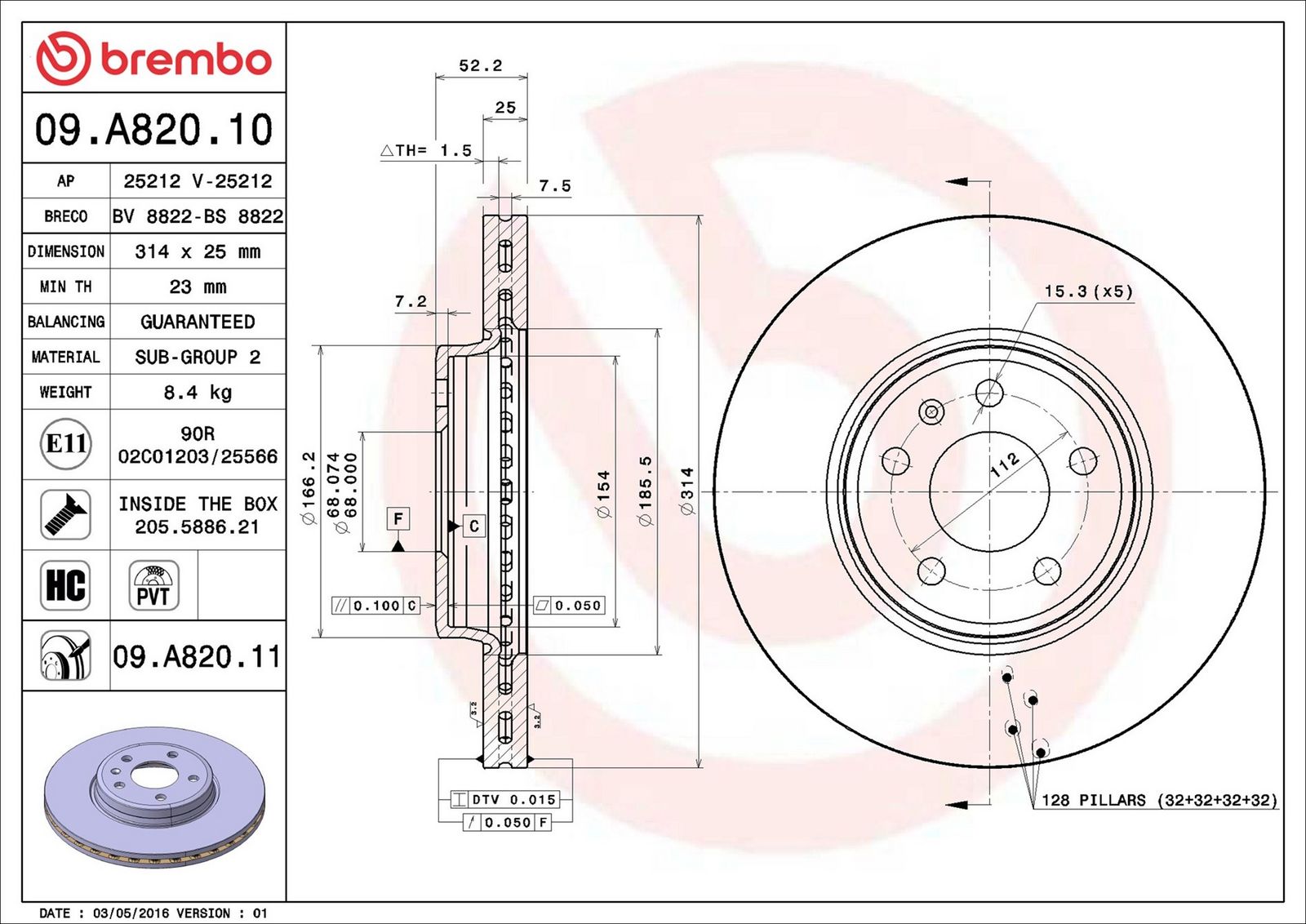 BREMBO 09.A820.11 - Bremsscheibe