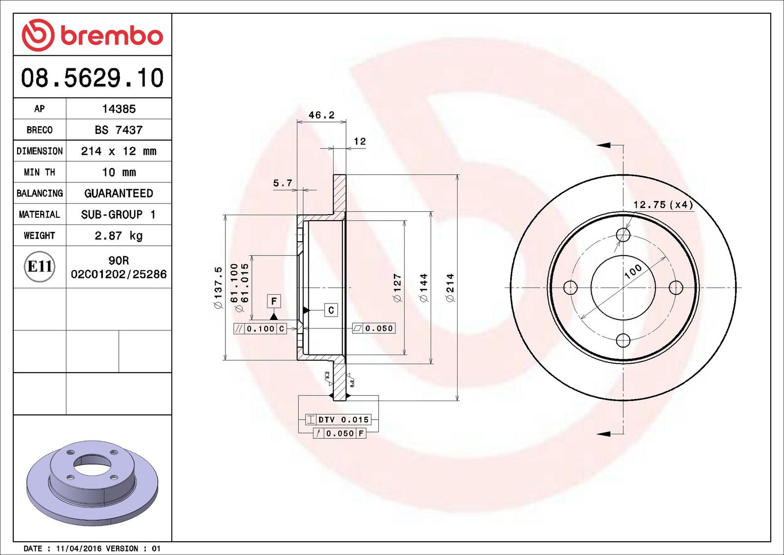 BREMBO 08.5629.10 - Bremsscheibe