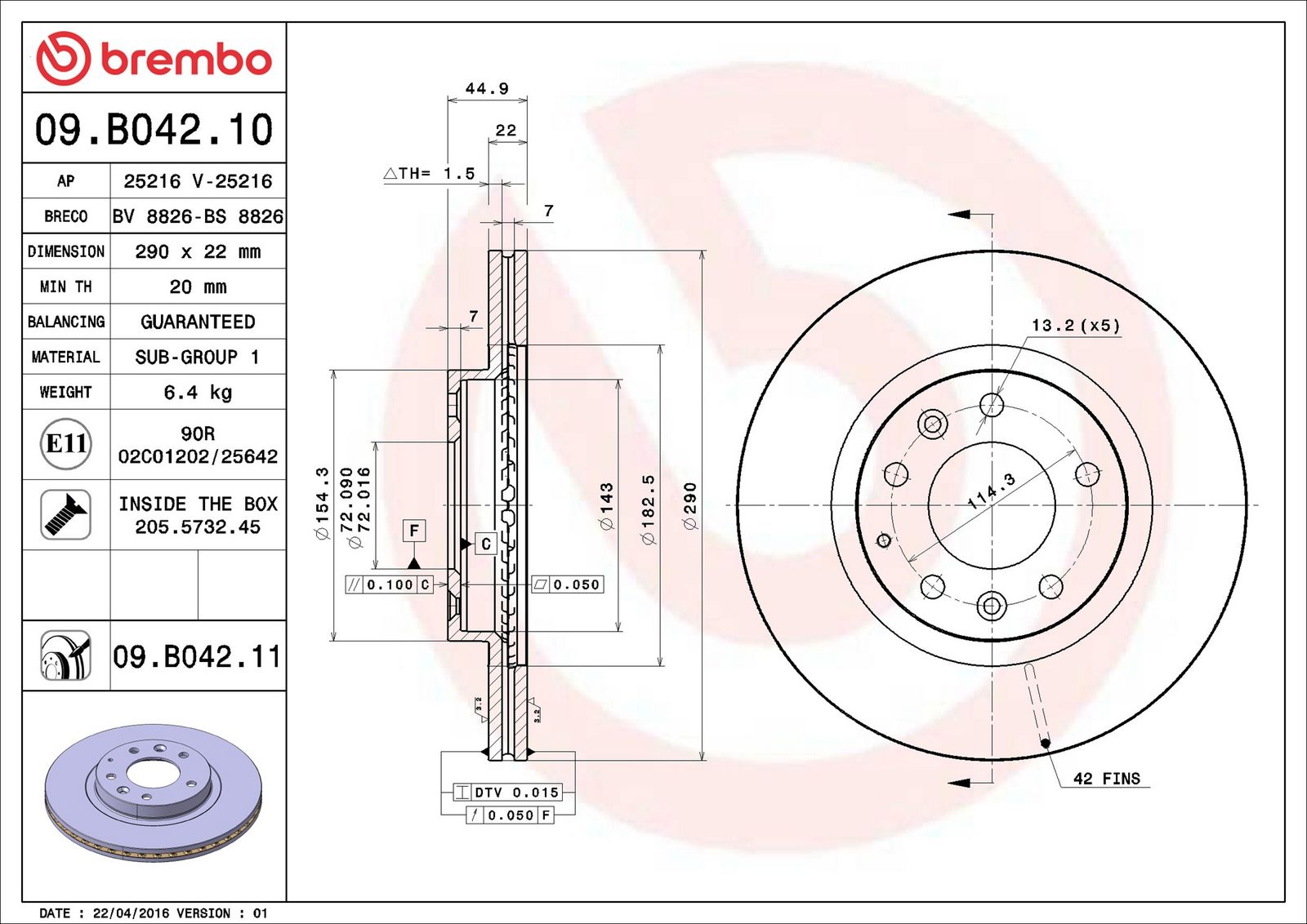 BREMBO 09.B042.11 - Bremsscheibe