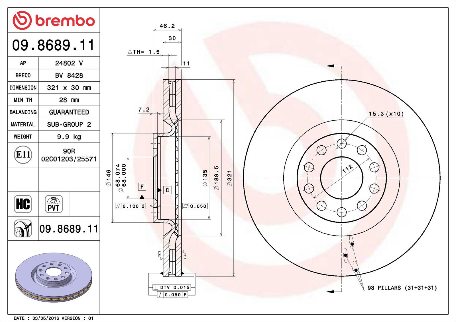 BREMBO 09.8689.11 - Bremsscheibe
