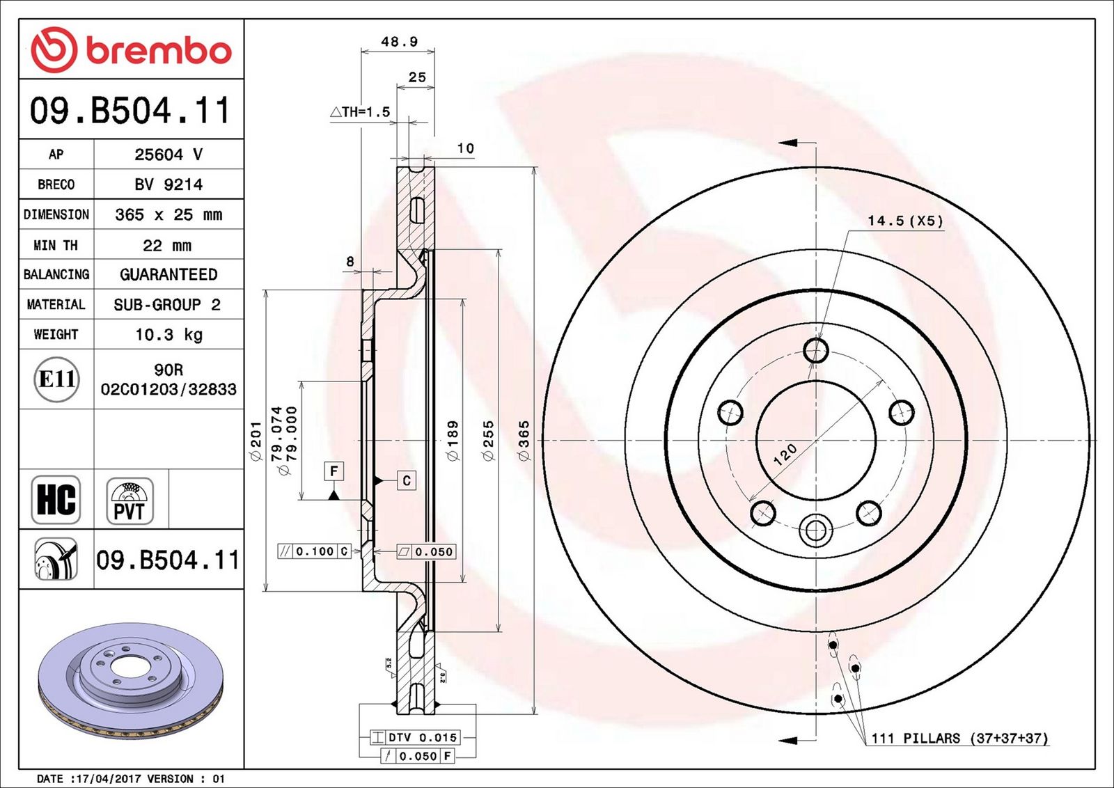 BREMBO 09.B504.11 - Bremsscheibe