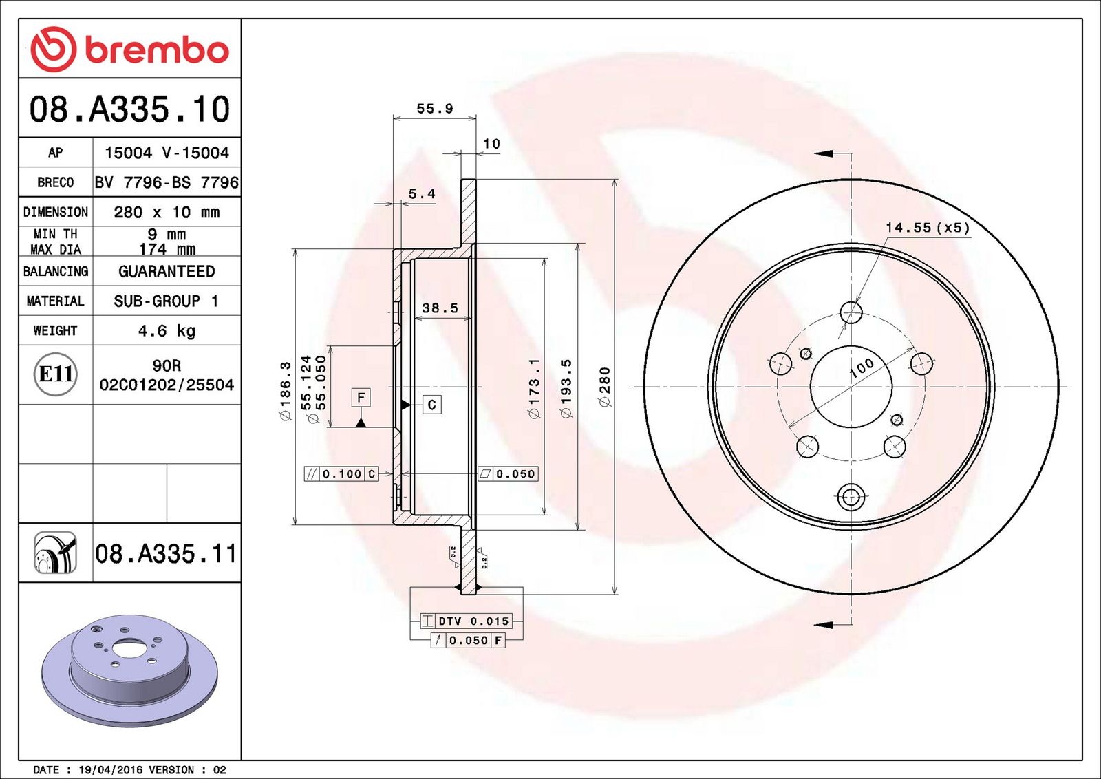 BREMBO 08.A335.11 - Bremsscheibe