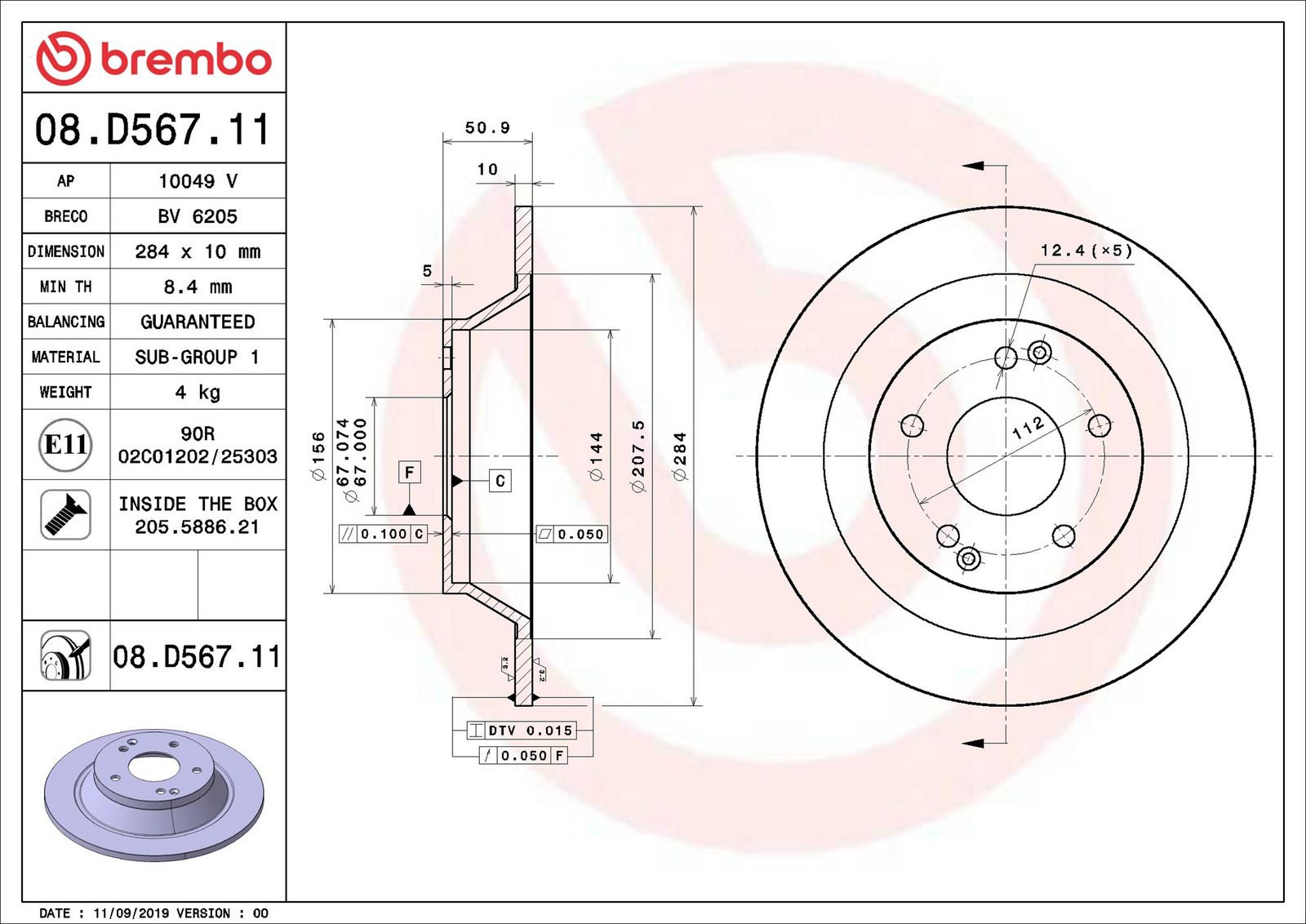 BREMBO 08.D567.11 - Bremsscheibe