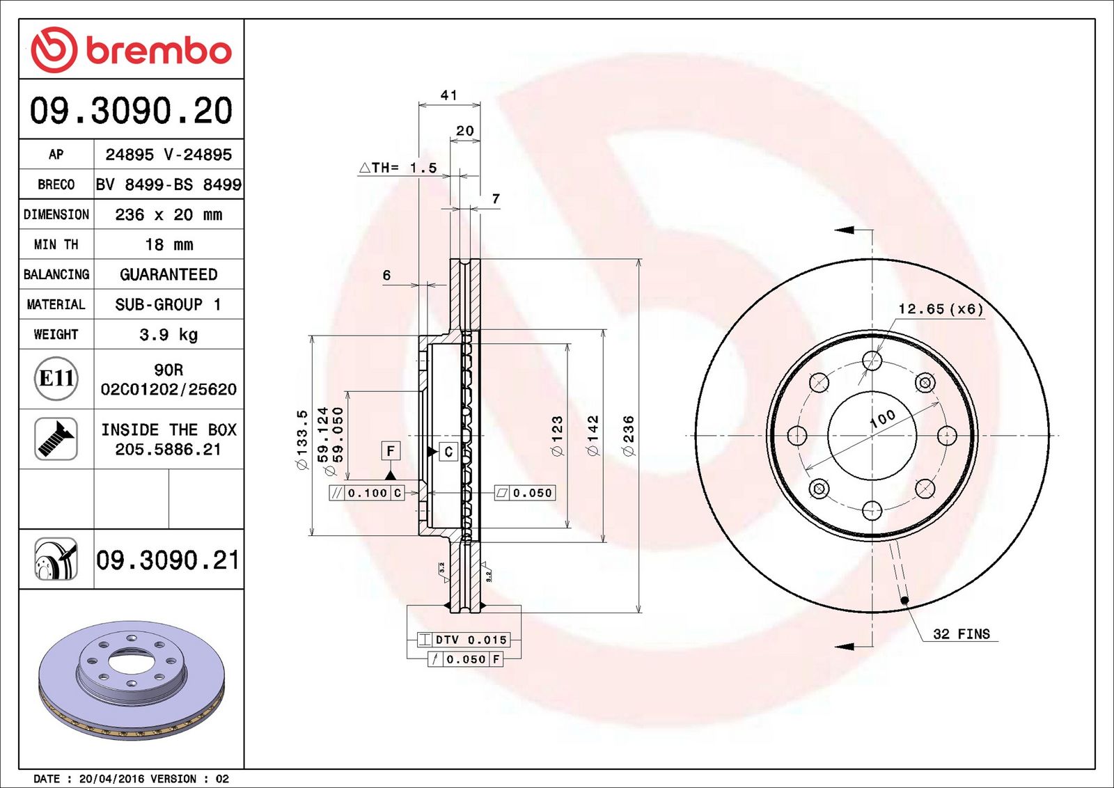 BREMBO 09.3090.21 - Bremsscheibe