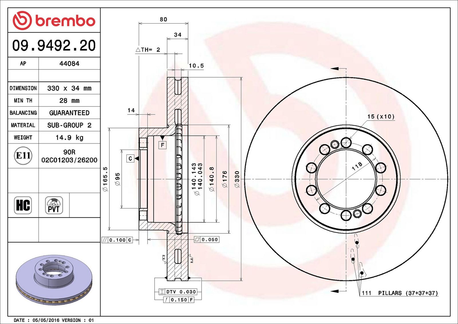 BREMBO 09.9492.20 - Bremsscheibe