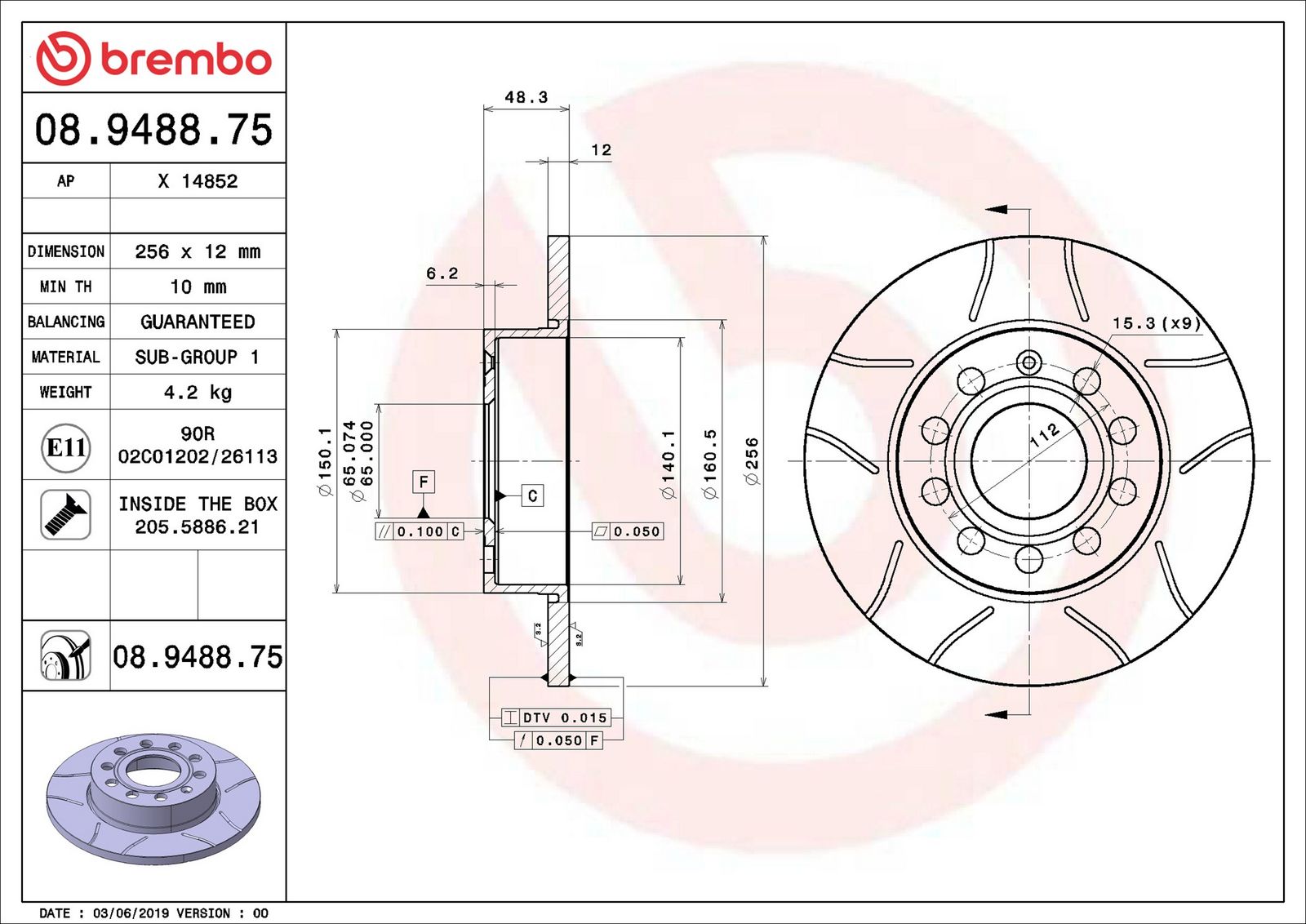 BREMBO 08.9488.75 - Bremsscheibe
