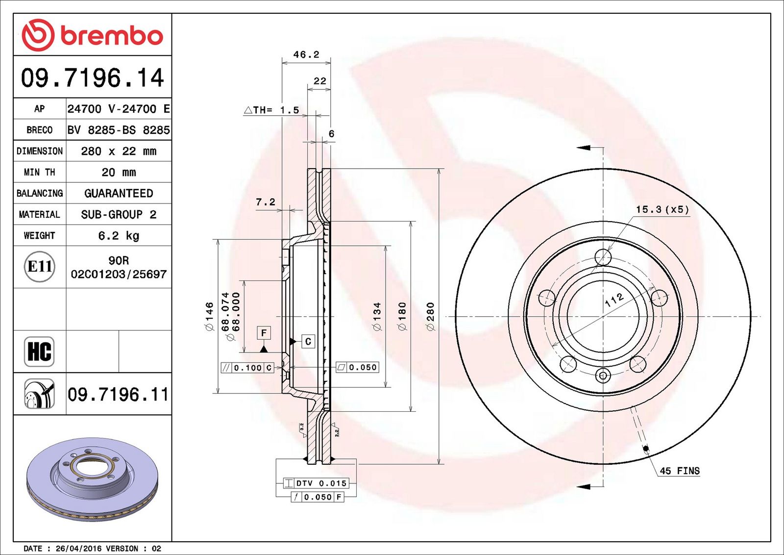 BREMBO 09.7196.11 - Bremsscheibe