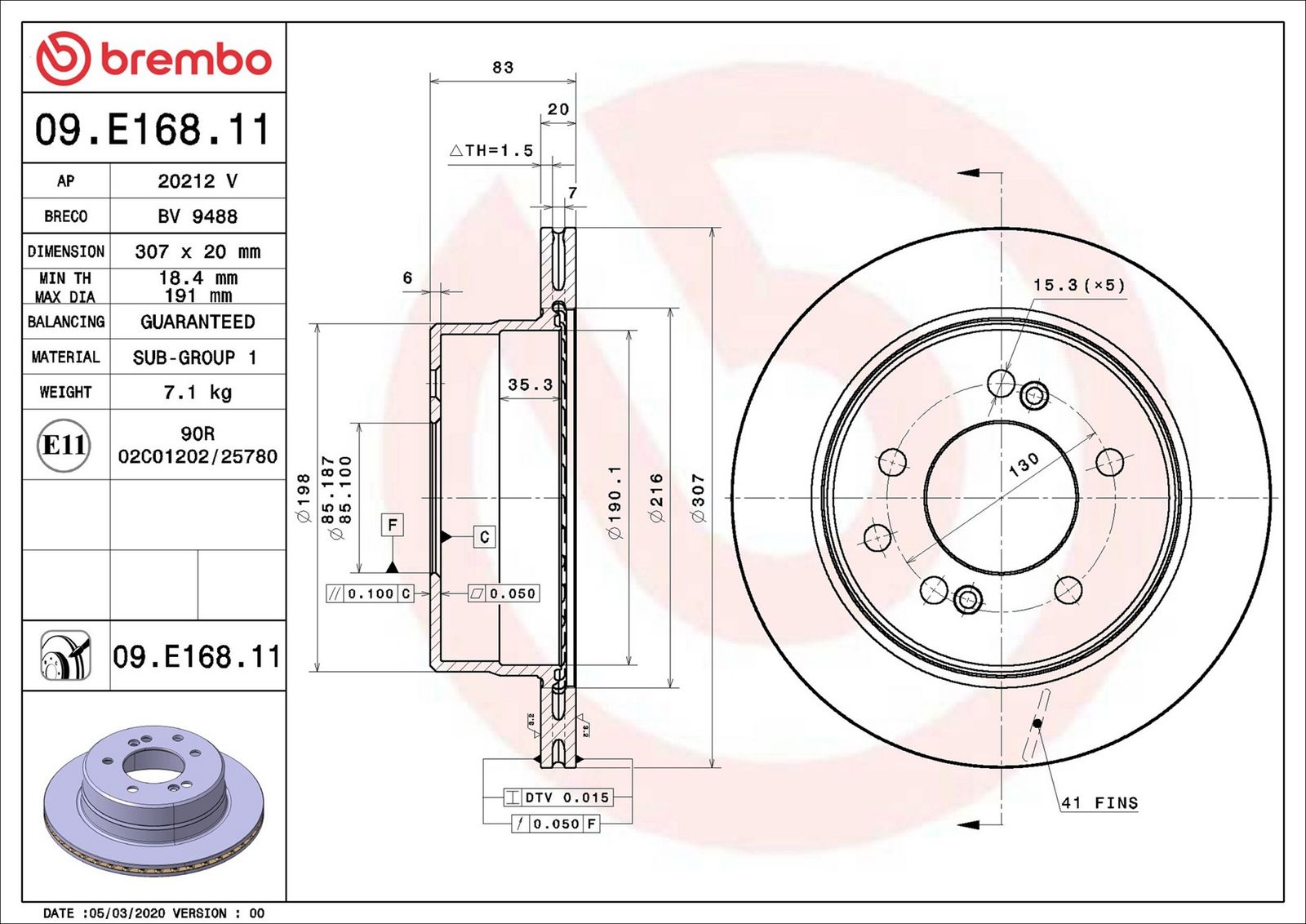 BREMBO 09.E168.11 - Bremsscheibe