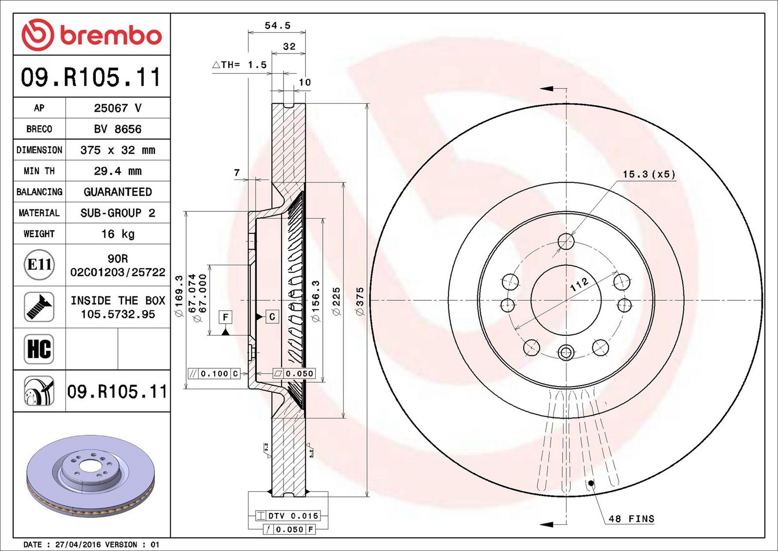 BREMBO 09.R105.11 - Bremsscheibe