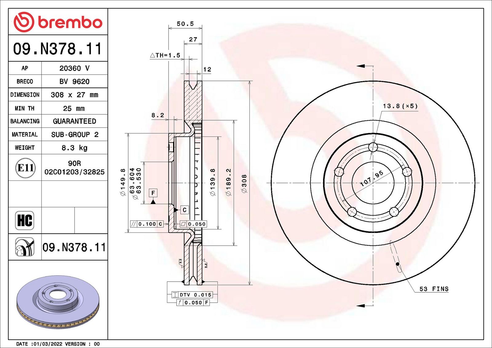 BREMBO 09.N378.11 - Bremsscheibe