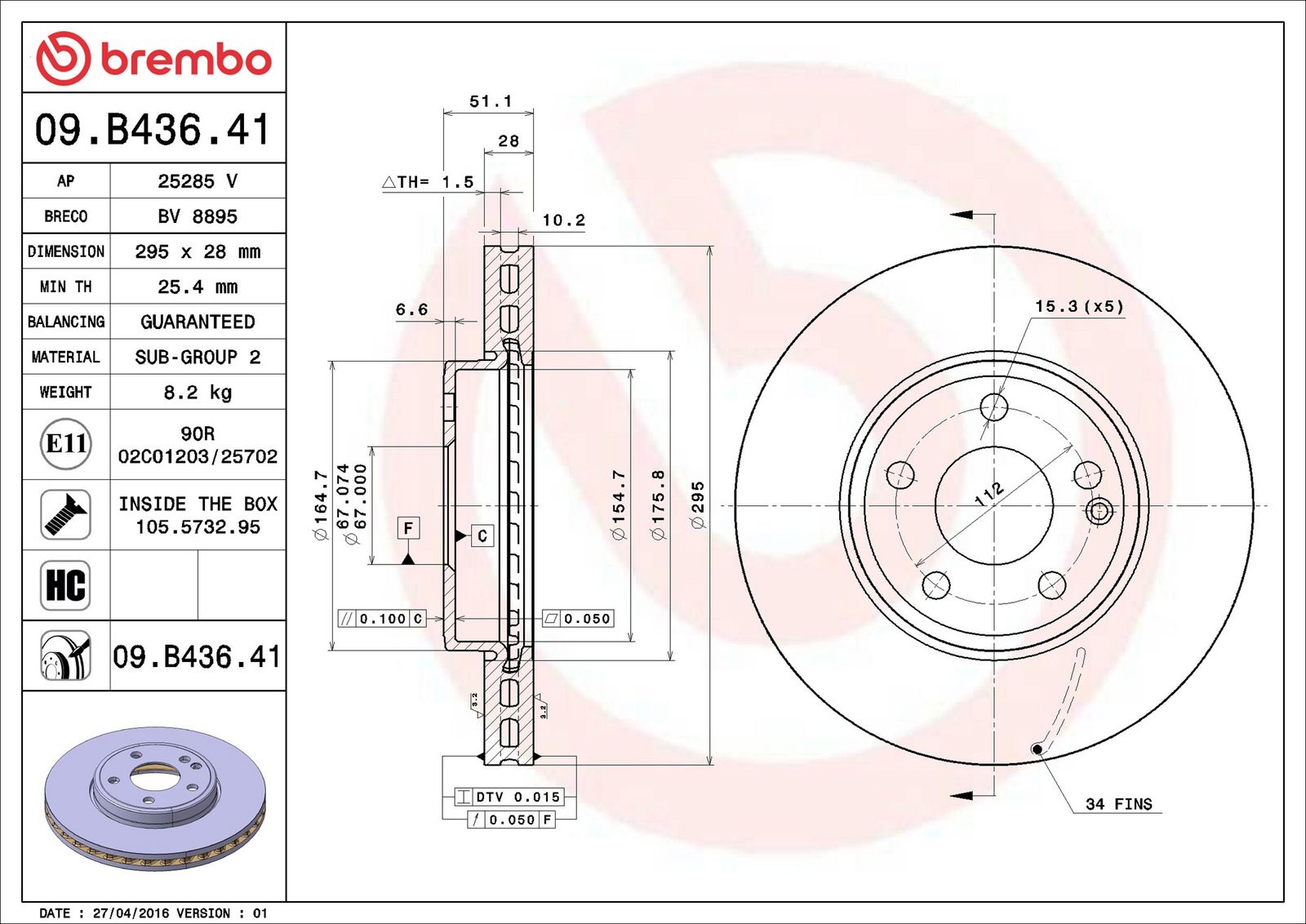 BREMBO 09.B436.41 - Bremsscheibe