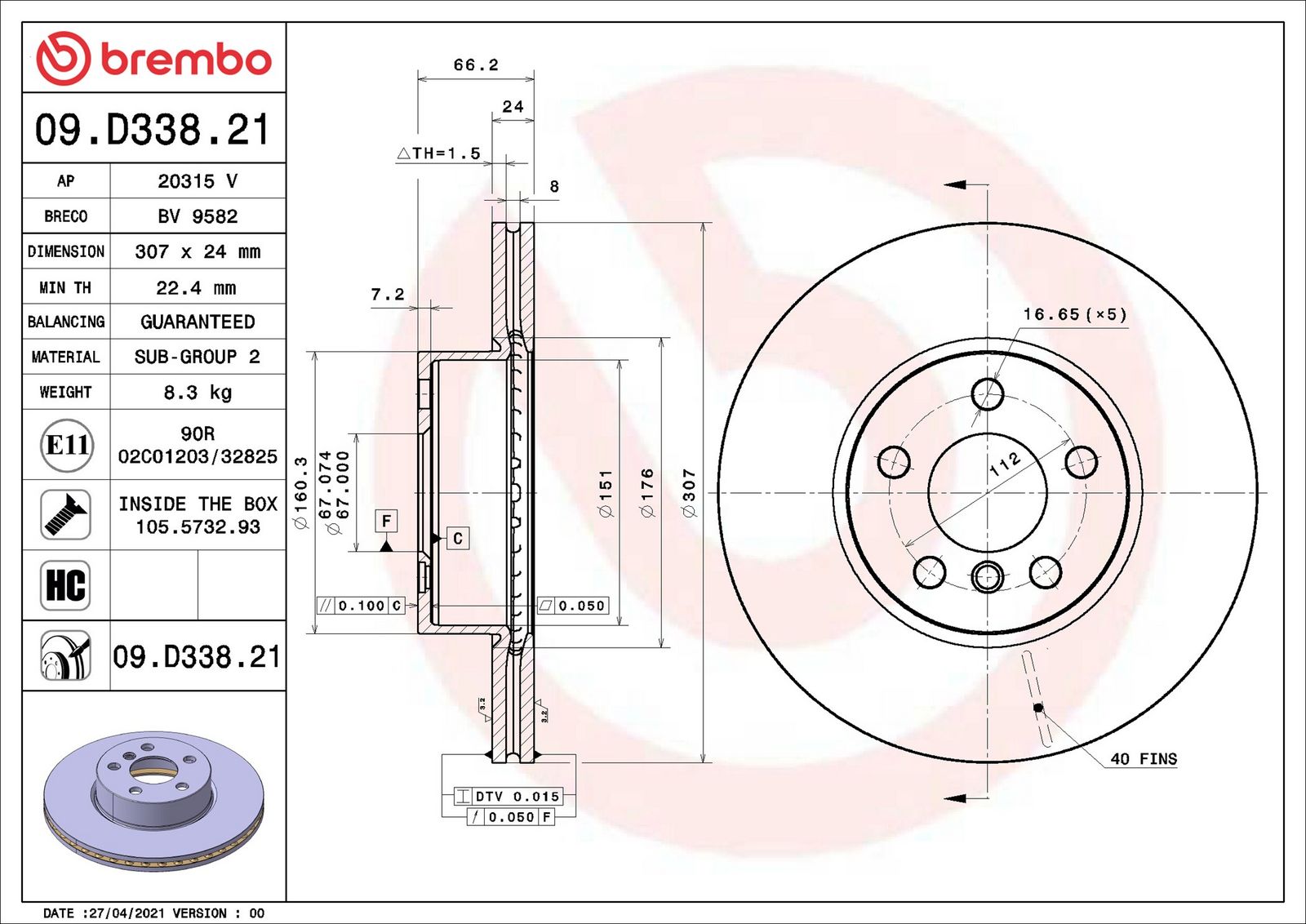 BREMBO 09.D338.21 - Bremsscheibe
