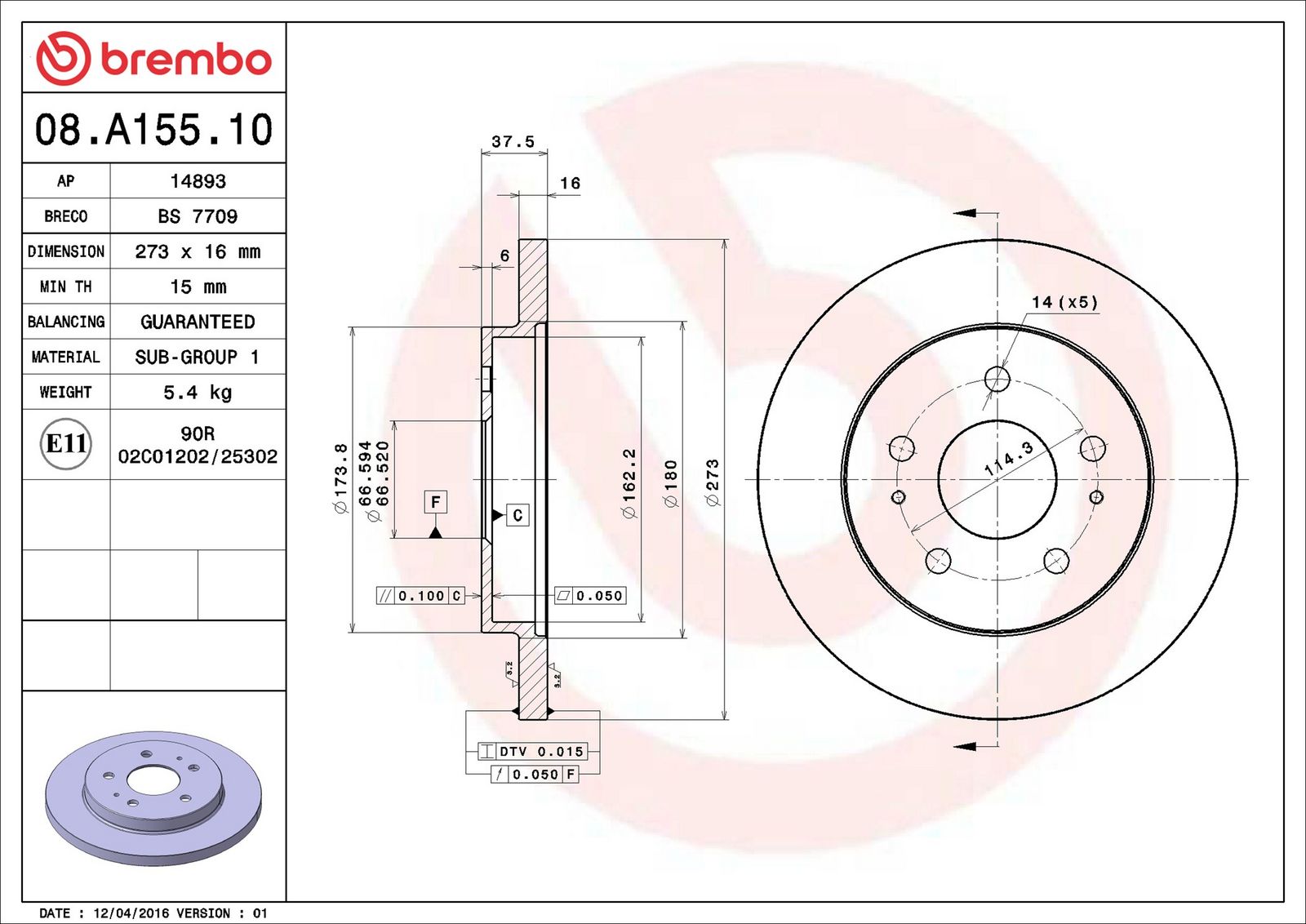 BREMBO 08.A155.10 - Bremsscheibe