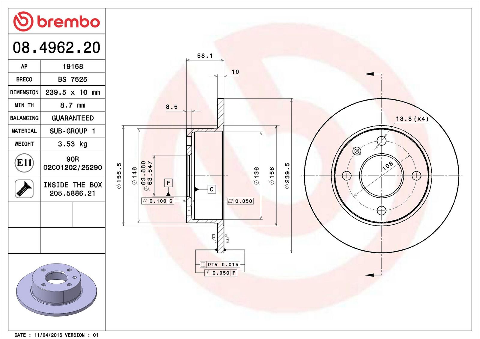 BREMBO 08.4962.20 - Bremsscheibe
