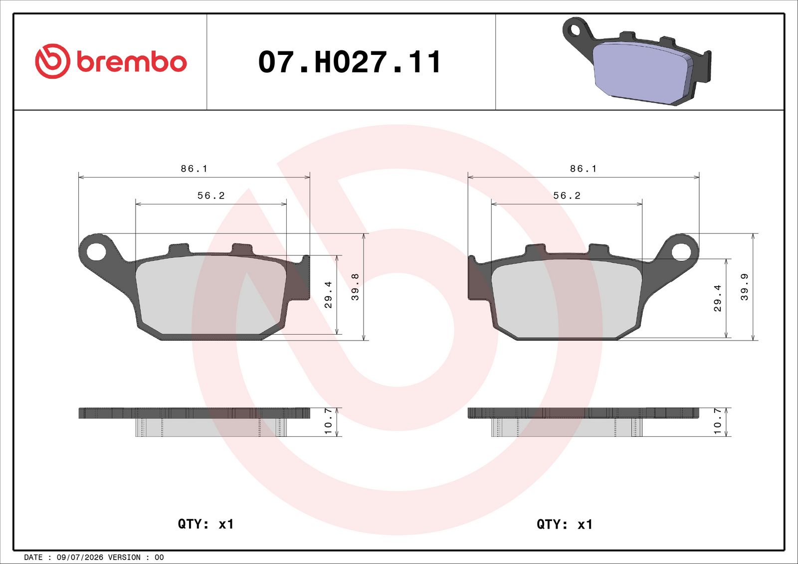BREMBO 07HO2711 - Bremsbelagsatz, Scheibenbremse