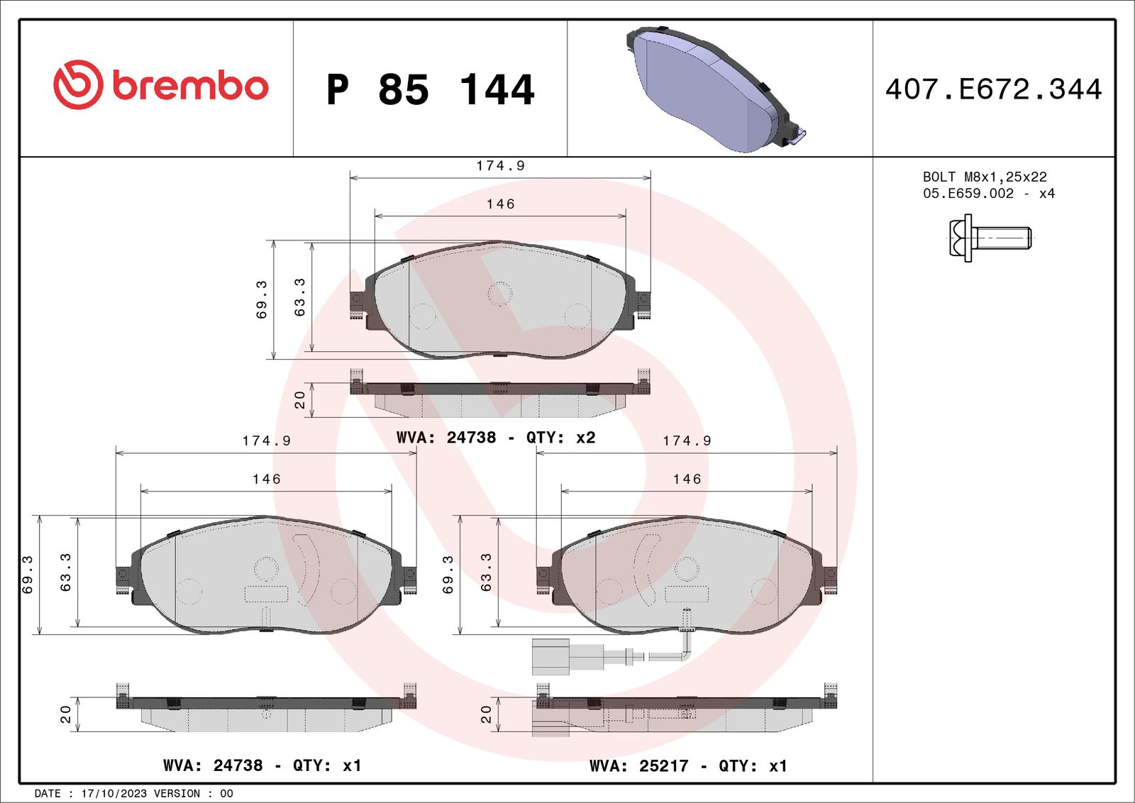 BREMBO P 85 144 - Bremsbelagsatz, Scheibenbremse