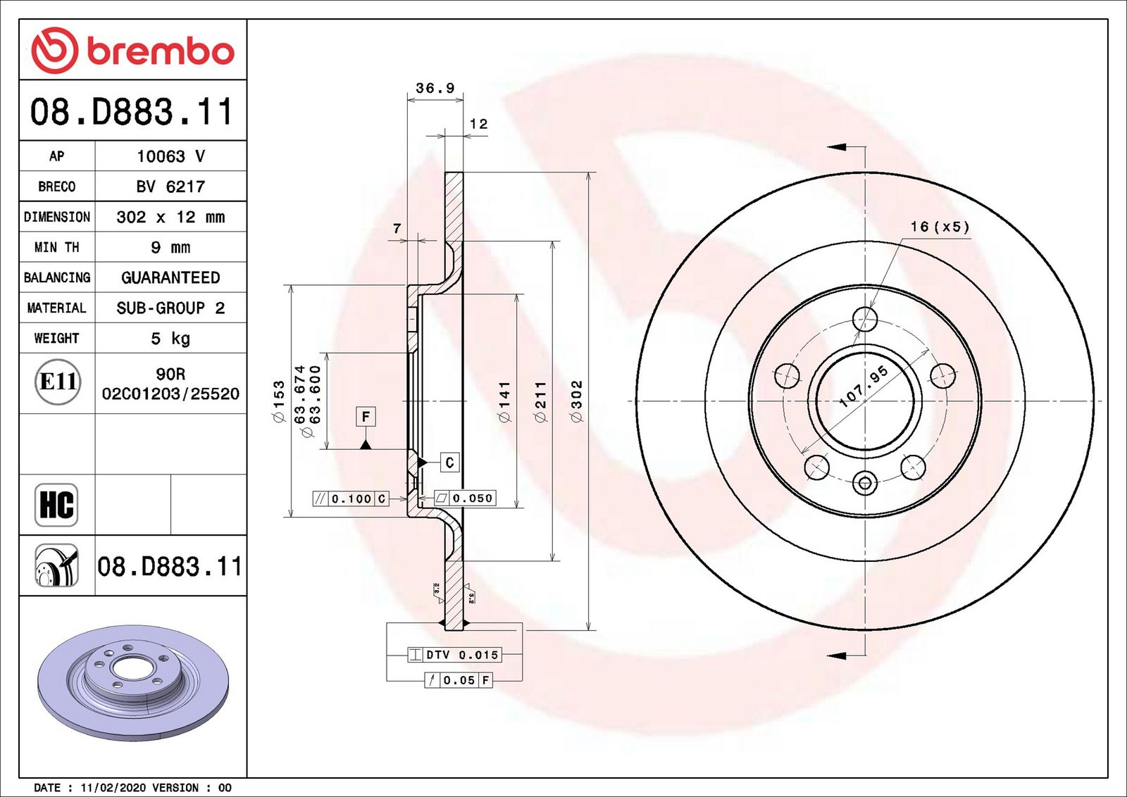 BREMBO 08.D883.11 - Bremsscheibe