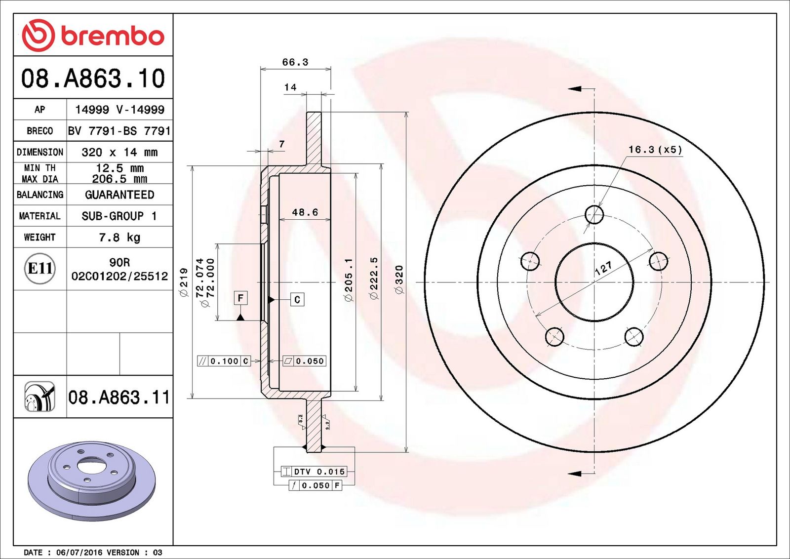 BREMBO 08.A863.11 - Bremsscheibe