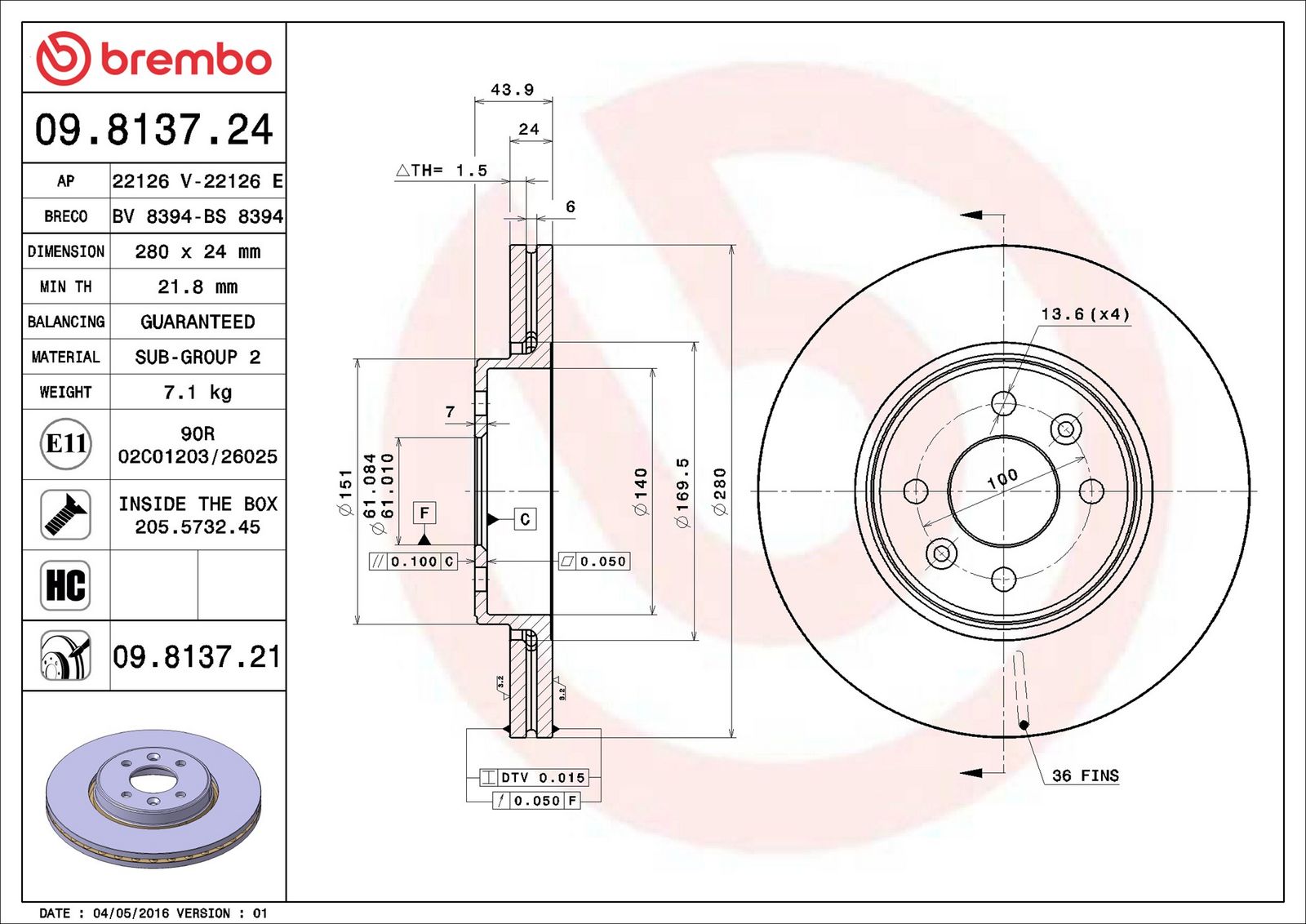 BREMBO 09.8137.21 - Bremsscheibe