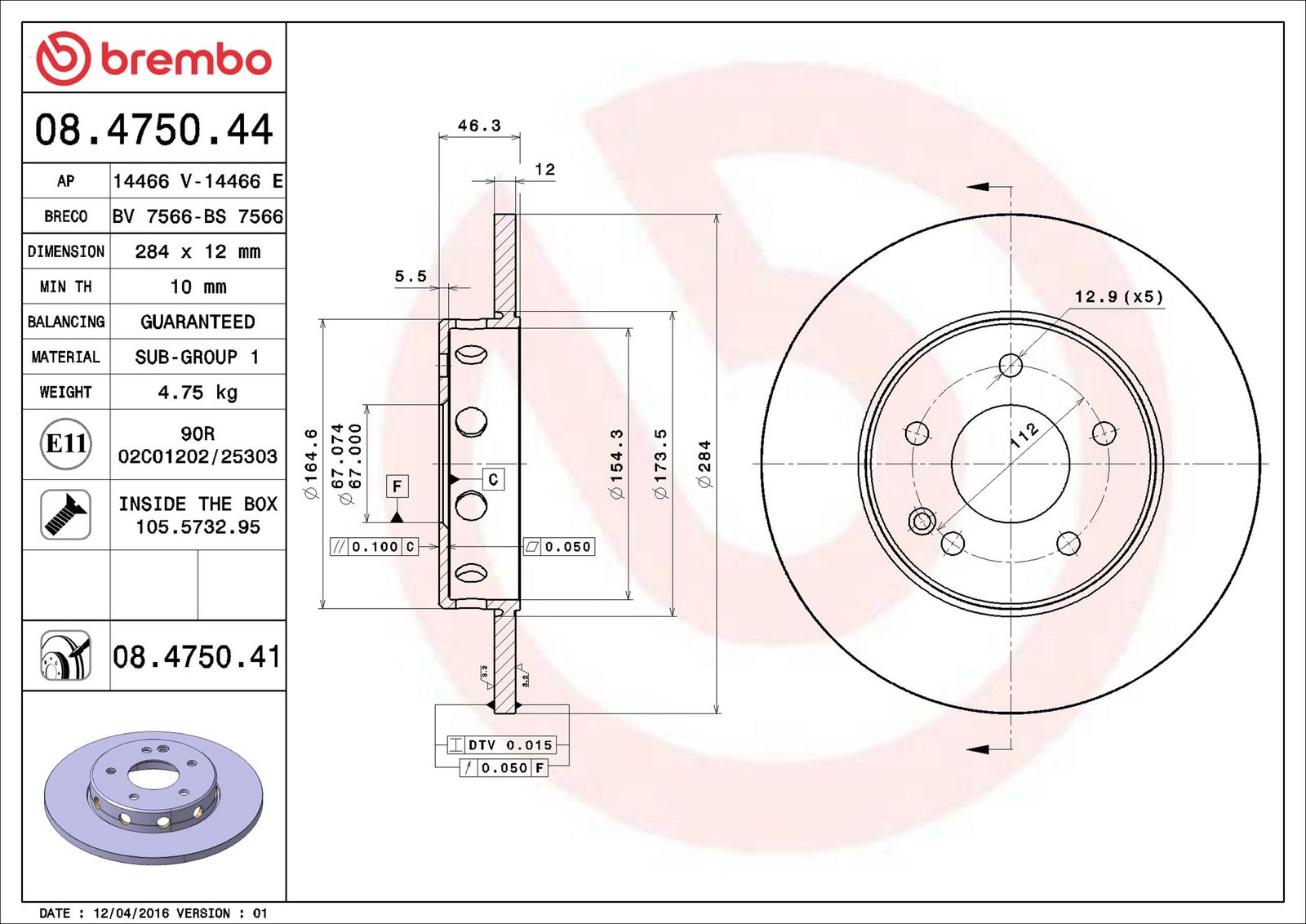 BREMBO 08.4750.41 - Bremsscheibe