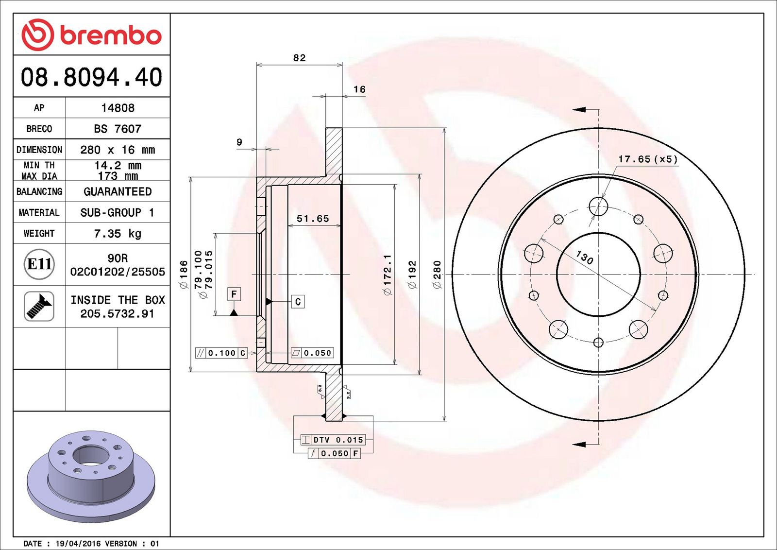 BREMBO 08.8094.40 - Bremsscheibe
