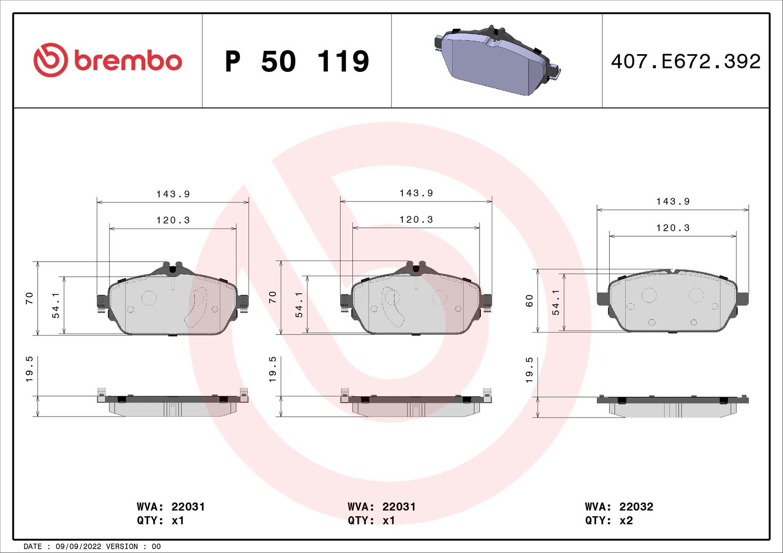 BREMBO P 50 119 - Bremsbelagsatz, Scheibenbremse